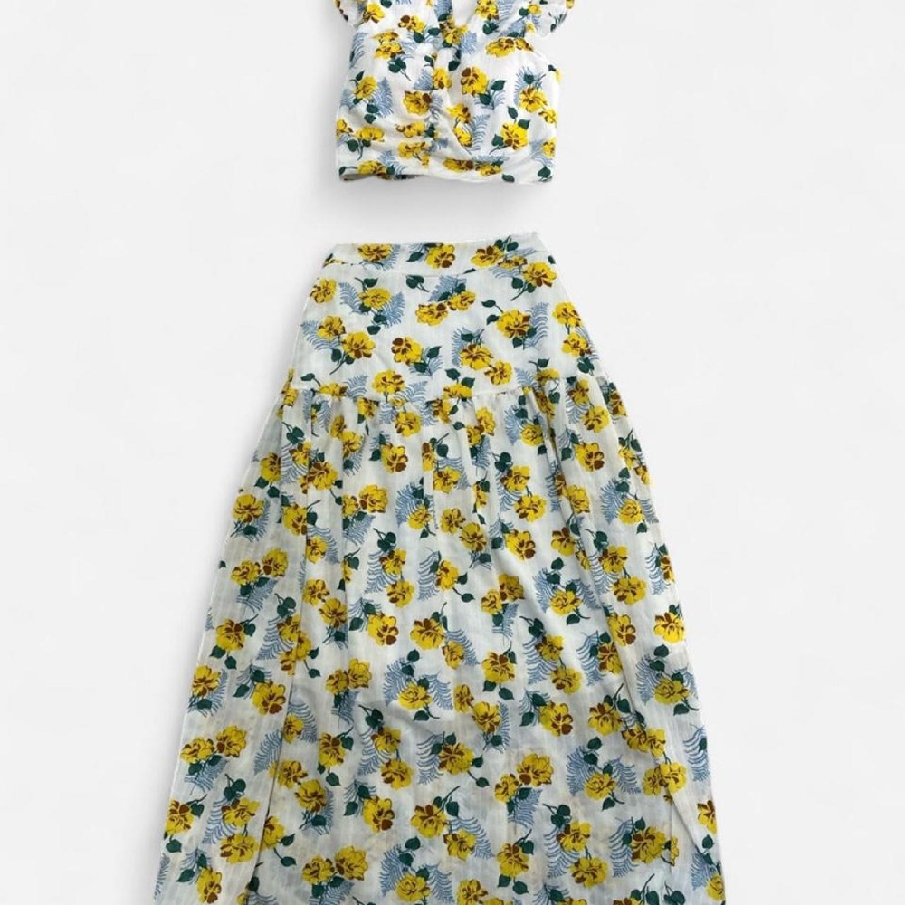 Floral 2-Piece Matching Set | Smocked Ruffle Sleeveless Crop Top & Maxi Skirt S